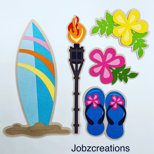 Handmade Die Cuts TROPICAL SUFBOARD FLOWERS Tiki Torch Flip Flops Set Paper Piecing Embellishment for Card Making Scrapbook or Paper Crafts