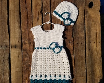 Crochet Baby White and Metallic Teal Sparkle Dress, Size 12 month, Ready-To-Ship