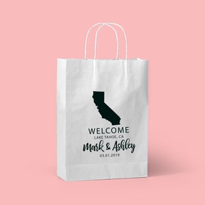 Borsa Kraft per regali di nozze per gli ospiti, borse per i dettagli del matrimonio degli ospiti, borse stampate, borse da sposa personalizzate, stato, benvenuto
