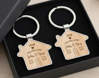 Our First Home Couples Keyring, Personalized House Warming Key Chain, Set of 2 Moving House Gift, New Home Keyrings, Housewarming Gift