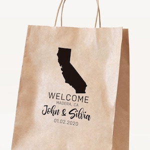 Borsa Kraft per regali di nozze per gli ospiti, borse per i dettagli del matrimonio degli ospiti, borse stampate, borse da sposa personalizzate, stato, benvenuto