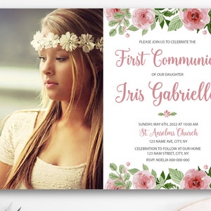 Invitations de fille de première communion, fleurs, invitations imprimées, première communion, première communion sainte, invitations, fête BFC03