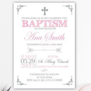Christening Invitation, Argent, Baptême des filles, Baptême de bébé, Christianisme, Imprimable, Cartes, Imprimable, Pink, BFC02 Invitations imprimées