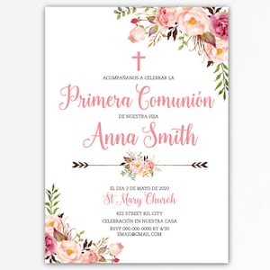 Invitation première communion fille espagnole, première communion fille, invitations imprimées, numérique, imprimable, fleurs, boho, rose