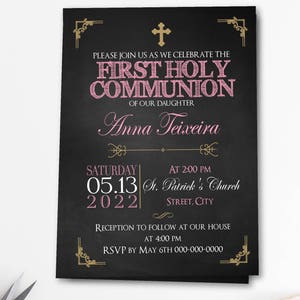 invitation première communion fille, première communion fille, christianisme, imprimable, invitation imprimable, tableau noir, rose et or BFC01