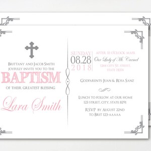 Christening Invitation, Argent, Baptême des filles, Baptême de bébé, Christianisme, Imprimable, Cartes, Imprimable, Pink, BFC02 Invitations imprimées
