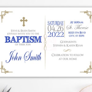 invitation au baptême, invitation au baptême, bleu royal et or, baptême des garçons, bébé, christianisme, imprimable, cartes, imprimable BFC02