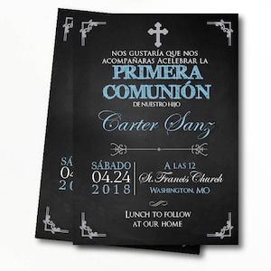 Invitation première communion garçon espagnol, premier garçon de communion, invitations imprimées, numérique, tableau noir, argent, ardoise BFC01