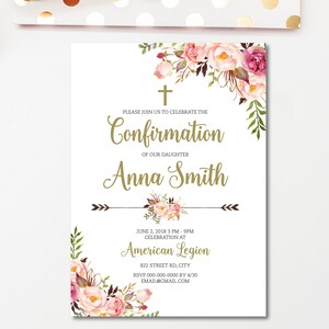 invitation en or fille de confirmation, première invitation à la communion, fleurs, christianisme, imprimable, invitation imprimable, rose et or BFC04