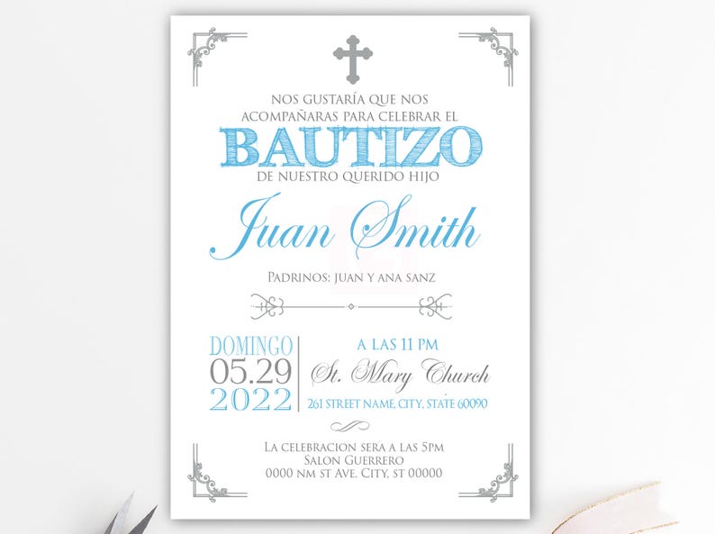 Silver Baptism Invitation Boy Spanish Baptism Invitation Etsy