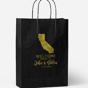 Borsa Kraft nera per regali di nozze per gli ospiti, borse per i dettagli del matrimonio degli ospiti, borse stampate, borse da sposa personalizzate, stato, benvenuto