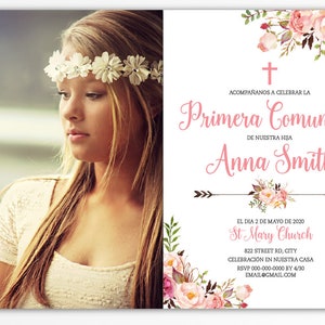 Invitation première communion fille espagnole, première communion fille, invitations imprimées, numérique, fleurs d’invitation, communion boho