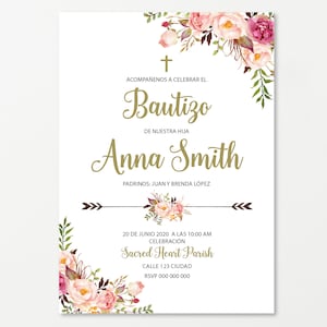 Gold bautizo invitations in spanish, baptism invitation girl, baptism invitation, Boho Baptism invitation girl spanish, christening BFC04