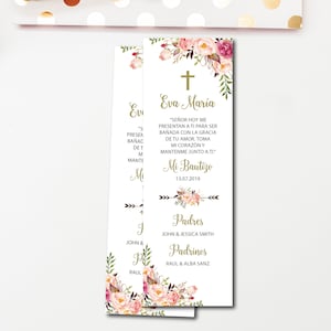 Christening girl spagnola, marcatura personalizzata della pagina, dettagli di battesimo degli ospiti, libri, preghiere, stampabile, spagnolo, boho, floreale BFC04