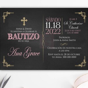 Gold baptism invitation girl spanish, baptism invitation girl printable, christening invitation girl, christening invites, landscape BFC01