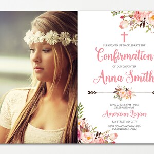 confirmation d’invitation avec photo fille, invitation à la première communion, boho, fleurs, personnalisé, imprimable, cartes, imprimé BFC04