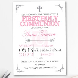 Invitation de première communion fille, première communion fille, invitations imprimées, numérique, tableau noir, argent, tableau noir, communion argent BFC02