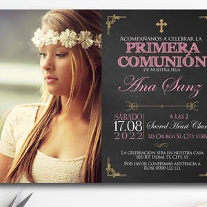 Première invitation de communion en espagnol, première invitation de communion fille, invitation en espagnol, christianisme, imprimable, imprimable BFC01