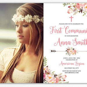 Invitations première communion fille, fleurs, invitations imprimées, première communion fille, première communion, invitations, fête BFC04