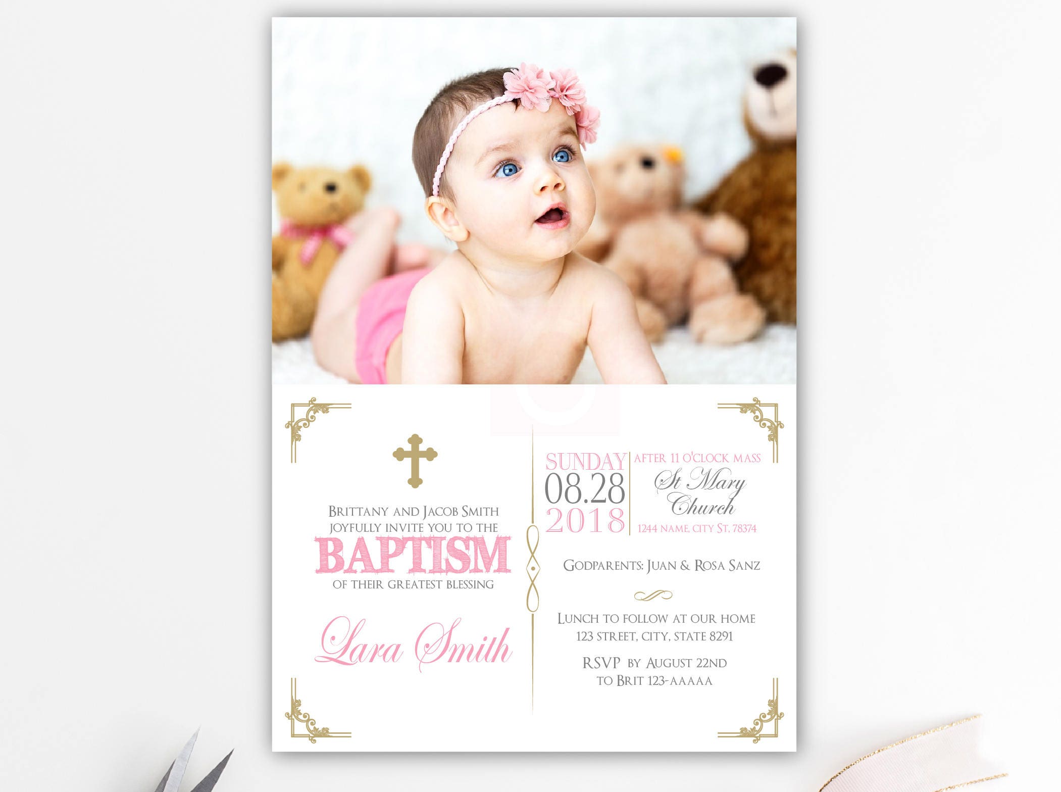 Gold Baptism Invitation Girl Photo Baptism Invitation Girl Etsy Canada