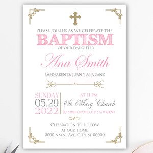 Invitation de baptême, or, baptême de fille, baptême de bébé, christianisme, imprimable, cartes, imprimable, rose, invitations imprimées BFC02