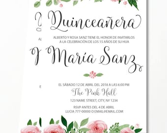 May include: A Quinceañera invitation with pink floral border. The text reads: "? Quinceañera Al Alberto y Rosa Sanz tiene el honor de invitarlos a la celebración de los 15 años de su hija I Maria Sanz E El sábado 12 de abril del 2018 a las 6:00 PM The Pink Hall 123 Name Street, City, NY 1234 RSVP antes del 4 de abril Lucia 777-00000 o email@email.com"