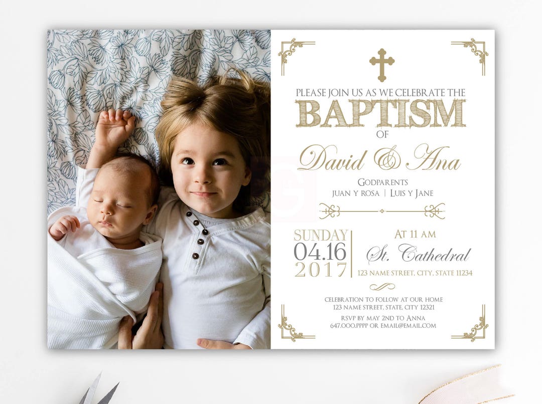Gold Baptism Invitation Twins Photo Printable Siblings Etsy