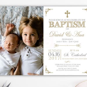 Gold baptism invitation twins photo printable, Siblings Baptism invitates, Baptism invitation boy, Christening invitation, download  BFC02