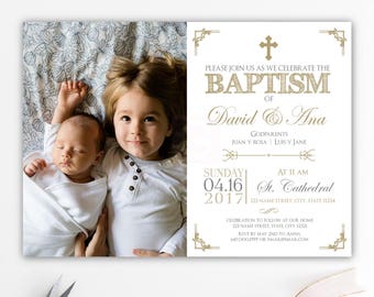 Gold baptism invitation twins photo printable, Siblings Baptism invitates, Baptism invitation boy, Christening invitation, download  BFC02