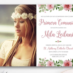 Première invitation de communion en espagnol, première invitation de communion fille, invitation en espagnol, christianisme, imprimable, imprimable BFC03