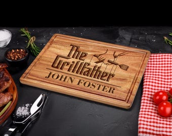 The Grillfather Cutting Board Personalised Engraved BBQ Gift Meat Chopping Board, Happy Father's Day Gift, BQ Serving Board, grilling board