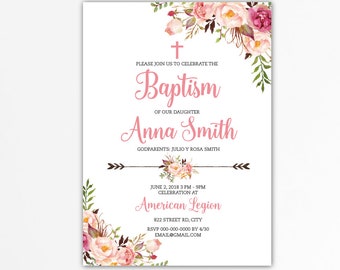 Boho baptism invitation girl, baptism invite printable,  Printable Boho Floral Baptism Invitation, Girl Christening Invitation, pdf BFC04