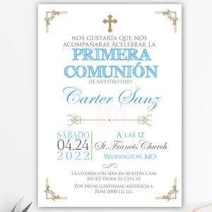 invitation première communion garçon espagnol, première communion garçon, christianisme, imprimable, invitation imprimable, tableau noir, or, BFC02