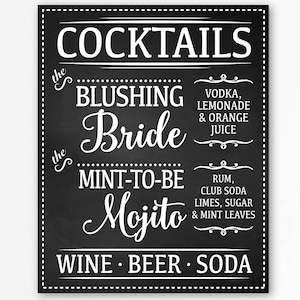 Pizarra personalizable Cocktails boda Bar Bebidas - Decoracion bodas - Regalo bodas - Descarga Inmediata - Imprimible