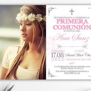 Invitation première communion fille espagnole, fille de première communion, invitations imprimées, numérique, tableau, argent, tableau noir BFC02