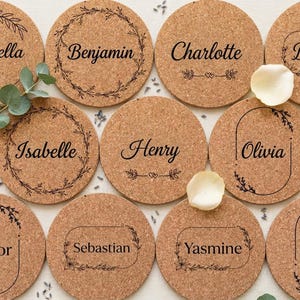 Custom Cork Wedding Place Cards, wedding place names holders, Personalized Coasters favors Guest, seating plan, table numbers sitting chart