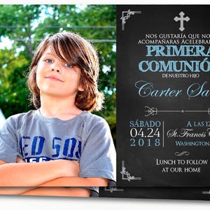 Invitation première communion garçon espagnol, garçon de première communion, invitations imprimées, numérique, tableau, argent, tableau noir BFC01