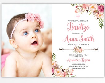 Bautizo invitation, Boho Baptism invitation girl, photo Baptism invitation spanish, Christening Invitation, spanish invitations BFC04