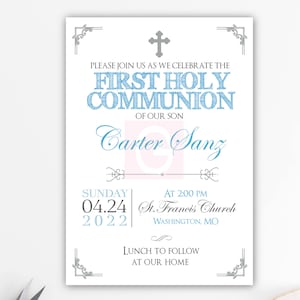 Invitation première communion garçon, premier garçon de communion, invitations imprimées, numérique, tableau noir, argent, ardoise, argent communion BFC02