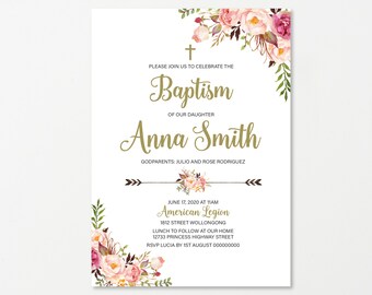 Gold baptism invitation girl, baptism invite printable, Boho Floral Baptism Invitation, Girl Christening Invitation, pdf BFC04