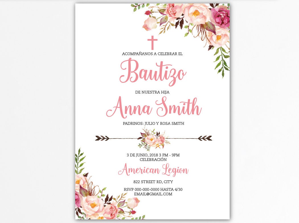Invitacion bautizo, bautizo invitation, bautizo invitation in spain, baptism invitation spain, Boho Baptism invitation girl spanish BFC04
