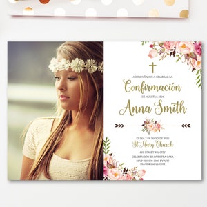 Invitation gold confirmation girl, première communion espagnole, invitations imprimées, numérique, imprimable, fleurs, boho, rose, or