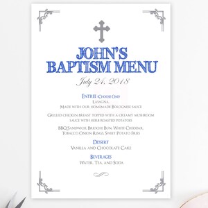 Menu de baptême Chico, bleu royal, menu imprimable, menu baptême, cartes de menu, fichier numérique, baptême, communion, argent baptême, argent BFC02