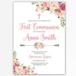 invitacion primera comunion chica, first communion invitation, flores, cristianismo, imprimible, invitation printable, pink and gold BFC04