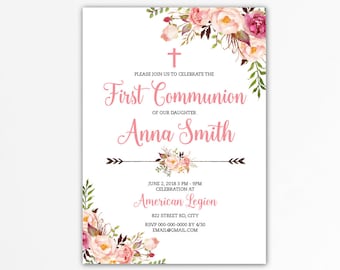 First communion invitation girl, first communion girl, first communion invitation printable, PDF, first holy communion, boho communion BFC04