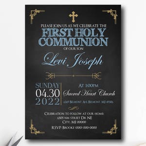 invitation premier garçon de communion, garçon de première communion, christianisme, imprimable, invitation imprimable, tableau noir, or, ardoise