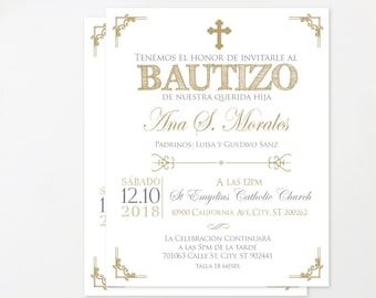 Gold Baptism invitation spanish, baptism invitation printable, Christening Invitation, glitter, invites, español, girl, boy baptism BFC02