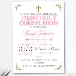 invitation première communion fille, première communion fille, christianisme, imprimable, invitation imprimable, tableau noir, rose et or BFC02