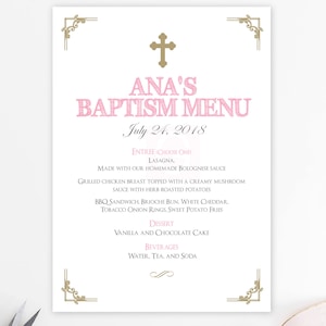 Menu baptême fille, or et rose, menu imprimable, menu de baptême, cartes de menu, fichier numérique, baptême, communion, fête, baptême d'or BFC02