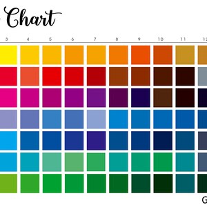 May include: Color chart with 14 columns and 7 rows of color swatches. Each row is labeled with a letter from A to G and each column is numbered from 1 to 14. The colors range from yellow to red, orange, purple, blue, green, and gray.